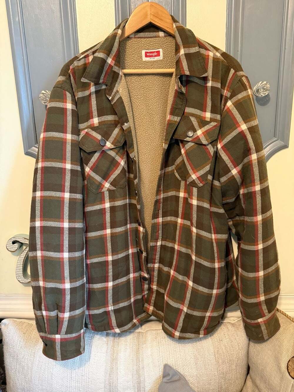 Wrangler Men's Green Plaid Sherpa Lined Heavyweight Shirt Jacket Size L